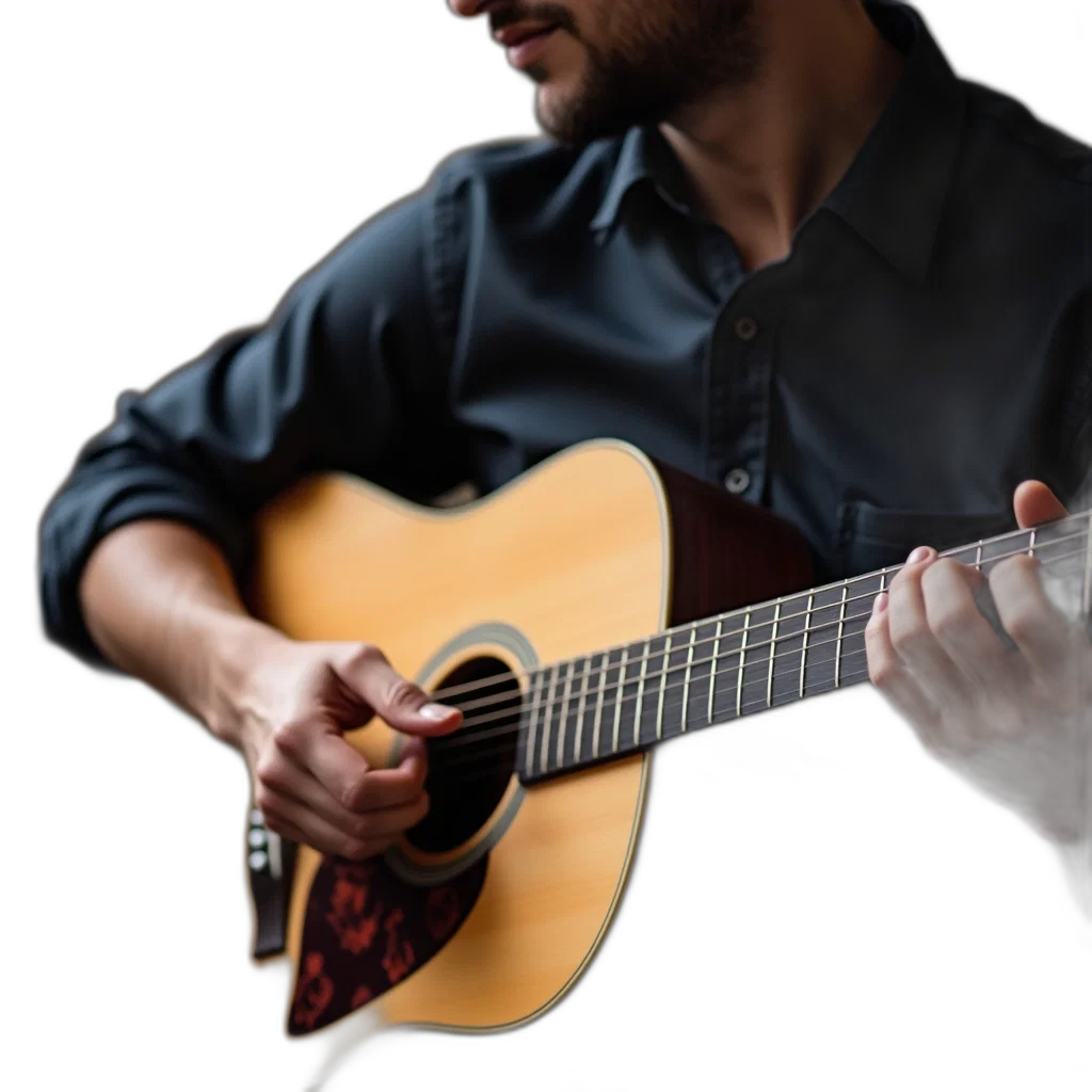 face, photorealistic, 3d render, person, playing, acoustic, guitar, individual transparent PNG cut-out