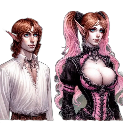 fantasy art, concept art, comic book art, photorealistic, two, characters, pointy, elf transparent PNG cut-out