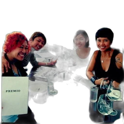 staff, jewelry, photorealistic, four, women, sit, table, plates transparent PNG cut-out