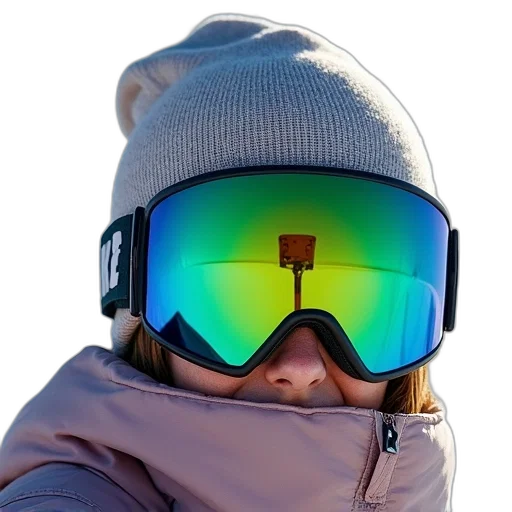 face, hat, jacket, mask, snowboard, goggles, women, green transparent PNG cut-out