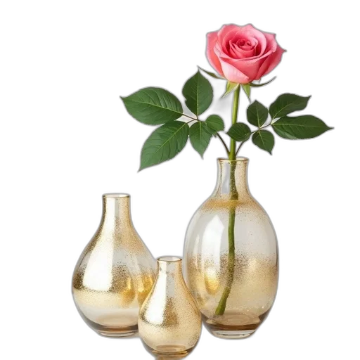bottle, flower, 3d render, photorealistic, golden, set, three, glass transparent PNG cut-out