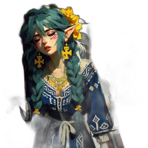 dress, staff, fantasy art, concept art, pixel art, watercolor, green, blue transparent PNG cut-out