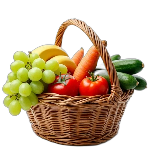 food, photorealistic, 3d render, colorful, green, basket, filled, various transparent PNG cut-out