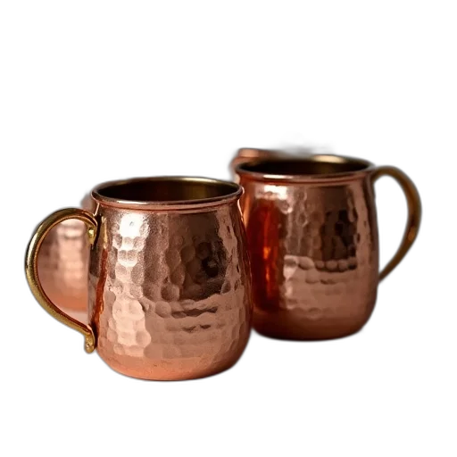 3d render, photorealistic, set, hammered, copper, steel, mugs, handles transparent PNG cut-out