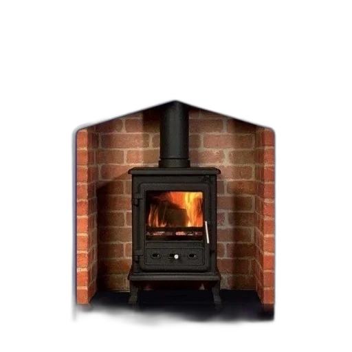 3d render, photorealistic, cozy, fireplace, brick, surround, black, stove transparent PNG cut-out