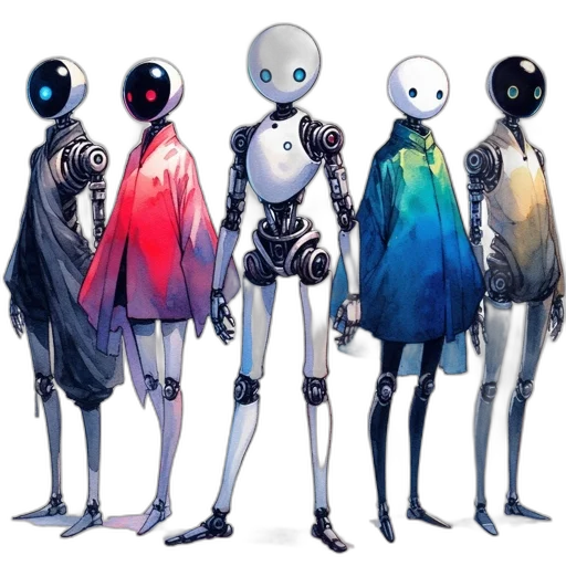 robot, concept art, cyberpunk, 3d render, pixel art, outer space, monochrome, blue transparent PNG cut-out