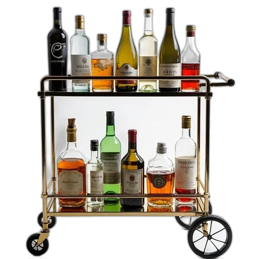 furniture, sleek, modern, metal, cart, glass, top, filled transparent PNG cut-out