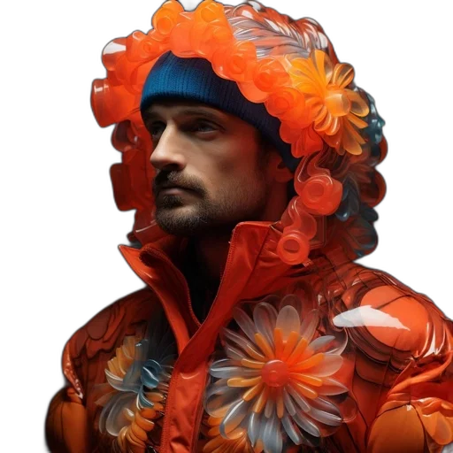 jacket, face, flower, hat, photorealistic, concept art, 3d render, colorful transparent PNG cut-out
