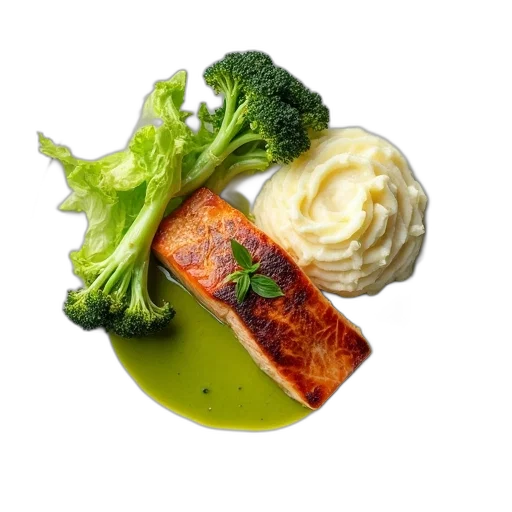 food, photorealistic, plate, piece, salmon, left, surrounded, green transparent PNG cut-out