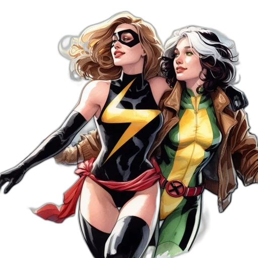 comic book art, concept art, two, female, superheroes, stand, together, against transparent PNG cut-out