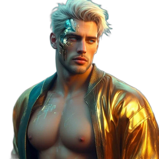 jacket, face, hair, cyberpunk, concept art, fantasy art, comic book art, golden transparent PNG cut-out