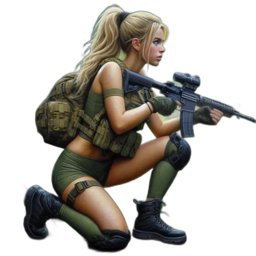 weapon, concept art, pixel art, comic book art, fantasy art, green, woman, tactical transparent PNG cut-out