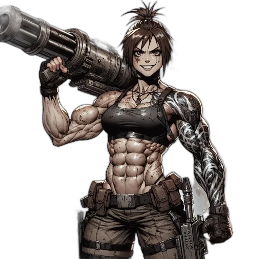 weapon, concept art, comic book art, cyberpunk, pixel art, intense, muscular, woman transparent PNG cut-out