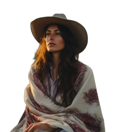 hat, jacket, earth tones, woman, floral, shawl, gazes, into transparent PNG cut-out
