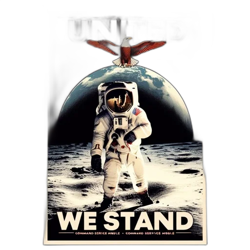 outer space, astronaut, stands, lunar, surface, wearing, flagged, suit transparent PNG cut-out