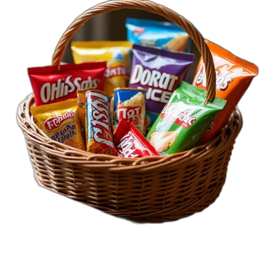 food, wicker, basket, filled, various, candies, snacks, placed transparent PNG cut-out
