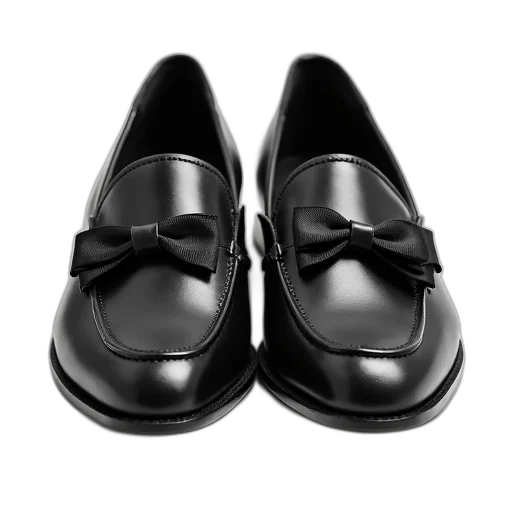 shoes, photorealistic, 3d render, pair, black, leather, loafers, bow transparent PNG cut-out