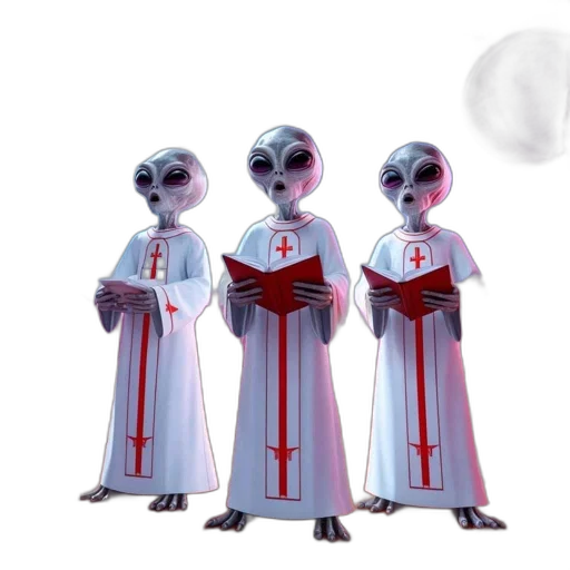 staff, concept art, 3d render, outer space, three, alien-like, figures, white transparent PNG cut-out