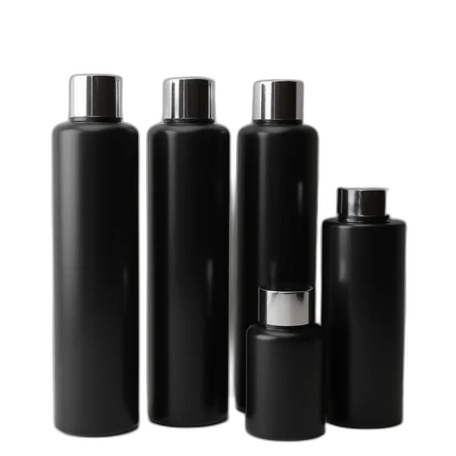 bottle, 3d render, set, six, black, tube, steel, cap transparent PNG cut-out