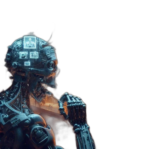 robot, weapon, cyberpunk, concept art, 3d render, pixel art, outer space, blue transparent PNG cut-out