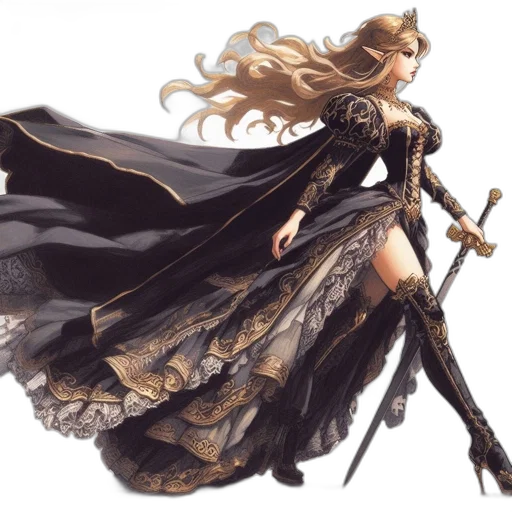dress, sword, fantasy art, concept art, comic book art, photorealistic, dark, golden transparent PNG cut-out