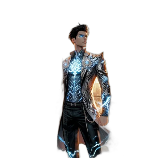 staff, jacket, sword, 3d render, concept art, fantasy art, comic book art, blue transparent PNG cut-out