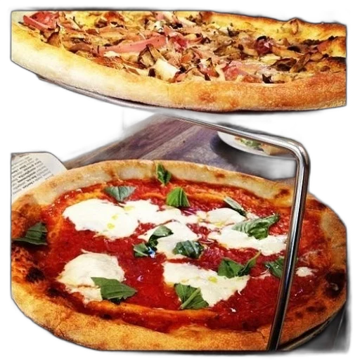 food, 3d render, photorealistic, two, pizzas, table, one, having transparent PNG cut-out