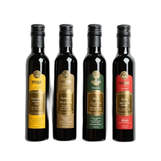 set, four, different, flavored, oils, black, bottles, gold transparent PNG cut-out