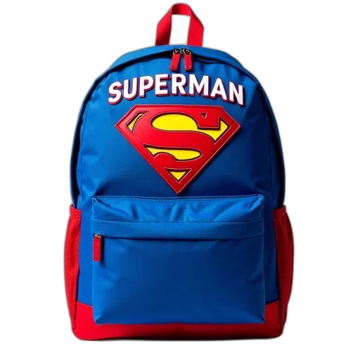 blue, backpack, red, superman, logo, front, word, embroidered transparent PNG cut-out