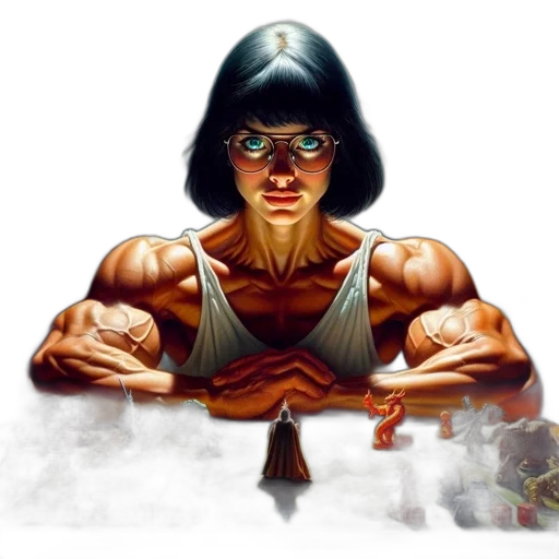 weapon, comic book art, concept art, photorealistic, fantasy art, woman, sits, dimly transparent PNG cut-out