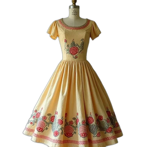 dress, 1960s, vintage, embroidered transparent PNG cut-out