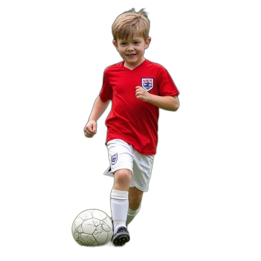 photorealistic, young, boy, red, england, jersey, white, shorts transparent PNG cut-out