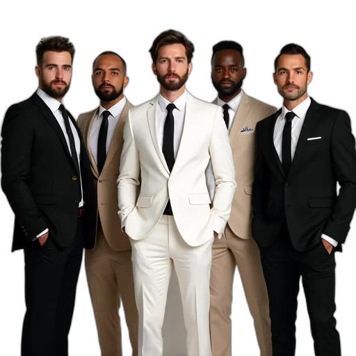 jacket, staff, group, five, men, posing, photo, left transparent PNG cut-out