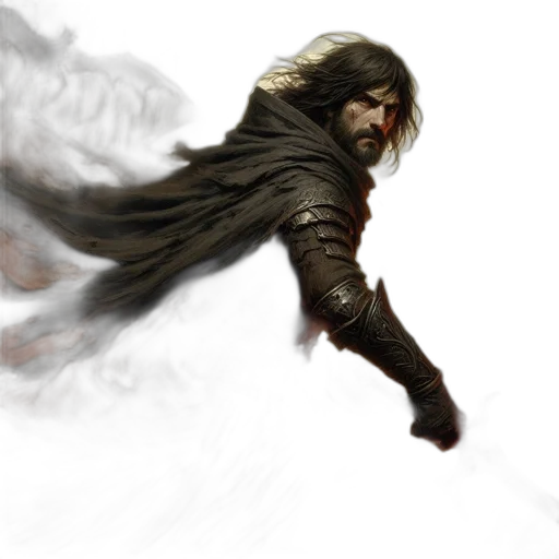 sword, concept art, fantasy art, comic book art, photorealistic, fog, battle-dressed, warrior transparent PNG cut-out