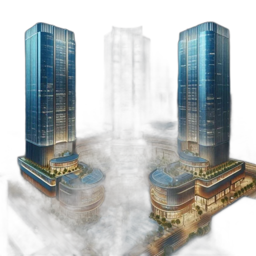 building, 3d render, concept art, photorealistic, fog, modern, illuminated, skyline transparent PNG cut-out