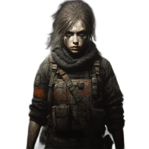 jacket, face, weapon, concept art, pixel art, photorealistic, fantasy art, bleak transparent PNG cut-out