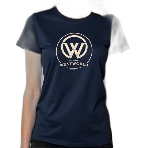 3d render, woman, wearing, navy, blue, t-shirt, circular, logo transparent PNG cut-out