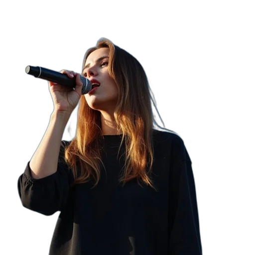 jacket, staff, dress, person, long, hair, singing, into transparent PNG cut-out