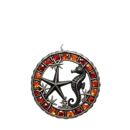 jewelry, silver, necklace, circular, pendant, featuring, starfish, seahorse transparent PNG cut-out