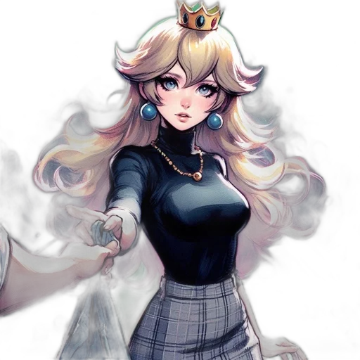 crown, dress, staff, fantasy art, concept art, anime, watercolor, monochrome transparent PNG cut-out