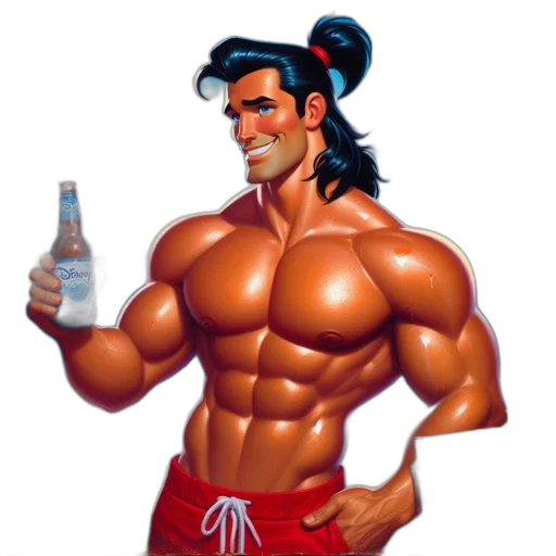 bottle, pixel art, concept art, cartoon, fantasy art, muscular, ponytailed, animated transparent PNG cut-out