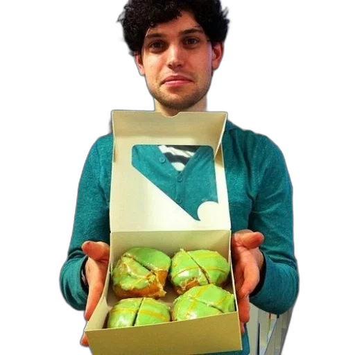 food, green, man, sweater, holds, box, frosted, donuts transparent PNG cut-out