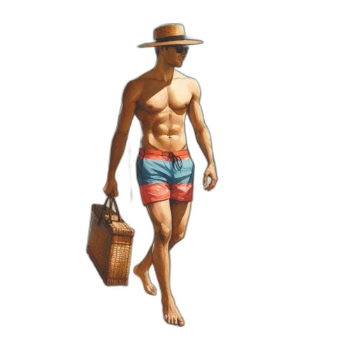 hat, photorealistic, concept art, oil painting, 3d render, beach, man, walks transparent PNG cut-out