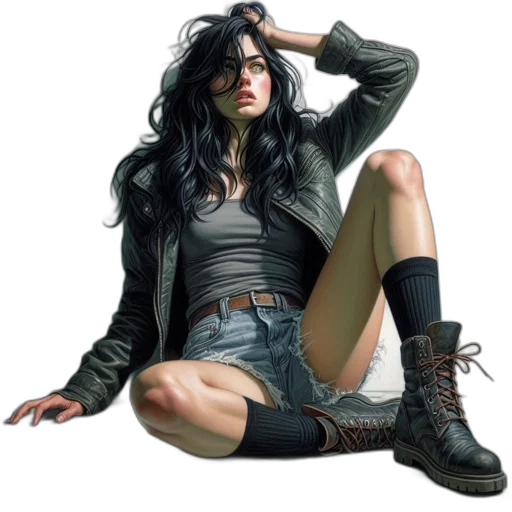 jacket, comic book art, photorealistic, concept art, fantasy art, dark, woman, poses transparent PNG cut-out