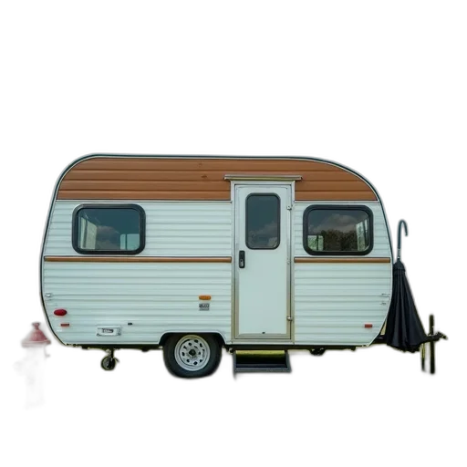 car, 3d render, small, white, mobile, home, brown, roof transparent PNG cut-out