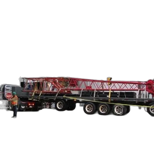 3d render, large, red, crane, being, transported, truck, through transparent PNG cut-out