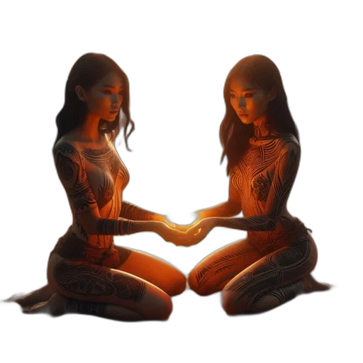 jewelry, 3d render, concept art, photorealistic, oil painting, neon lights, two, women transparent PNG cut-out