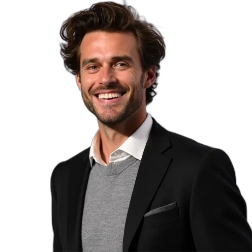 staff, jacket, face, hair, photorealistic, man, wide, smile transparent PNG cut-out