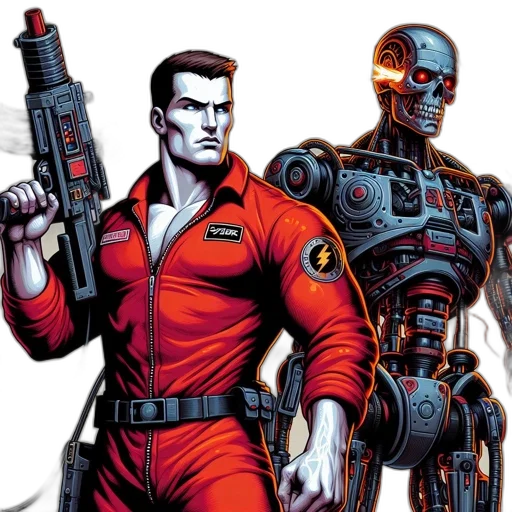 comic book art, concept art, red, two, individuals, face, off, heavily transparent PNG cut-out