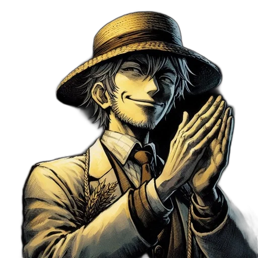 hat, staff, comic book art, concept art, animated, man, suit, claps transparent PNG cut-out